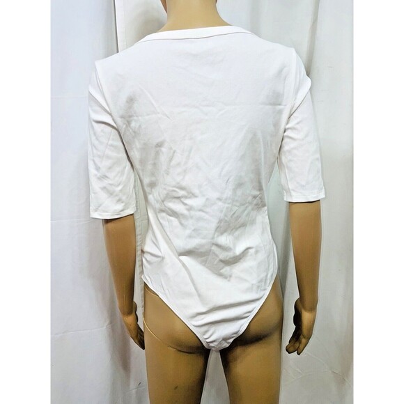 White Square Neck 3/4 Sleeve Snap Closure Bodysuit Women Size L Casual Basic - Picture 4 of 7